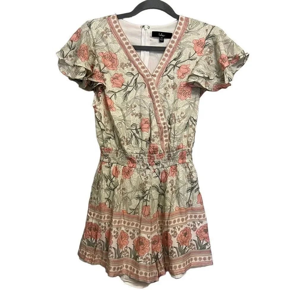Lulus Making an Impression Cream Multi Print Flutter Sleeve Floral Romper Size X